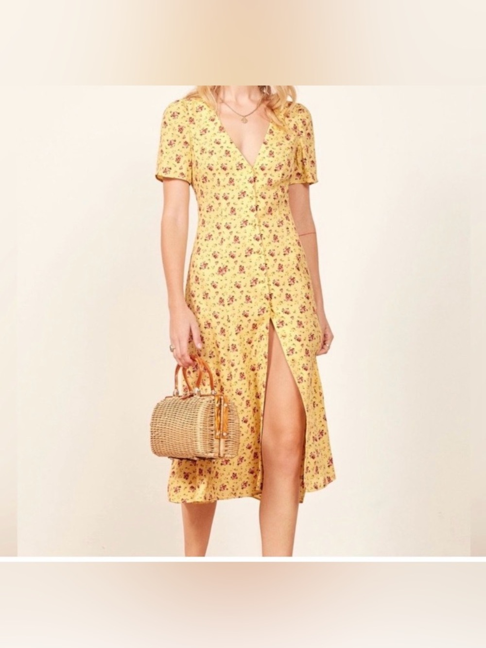 Reformation Yellow & Pink Floral Midi Dress Full Frontal Buttons Back Ties Sz. 6